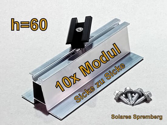 Komplettlösung für 10x PV-Modul auf Trapezblechdach vertikal / hochkant/ Sicke zu Sicke / Kurzschiene H=60mm B=90mm L=200-330mm